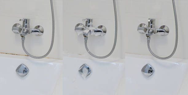 Before and after a bathroom faucet and overflow were descaled and polished