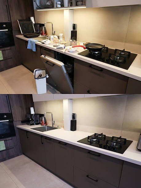 Before and after a kitchen was cleared and deep cleaned