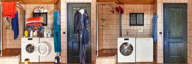Before and after a laundry area was tidied and cleaned